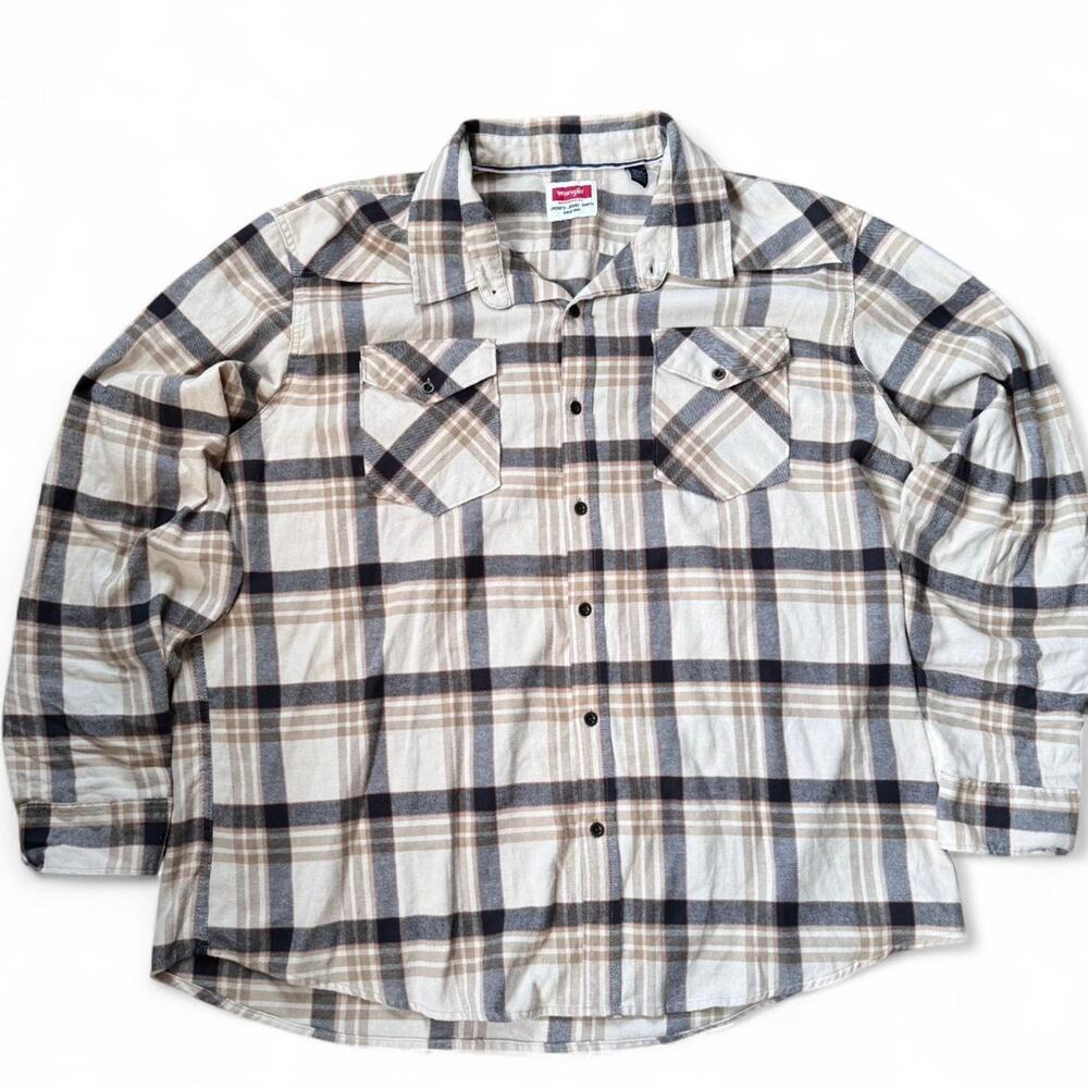 Wrangler Flannel Shirt Mens 3XL Tan Gray Plaid Long Sleeve Workwear Button Up